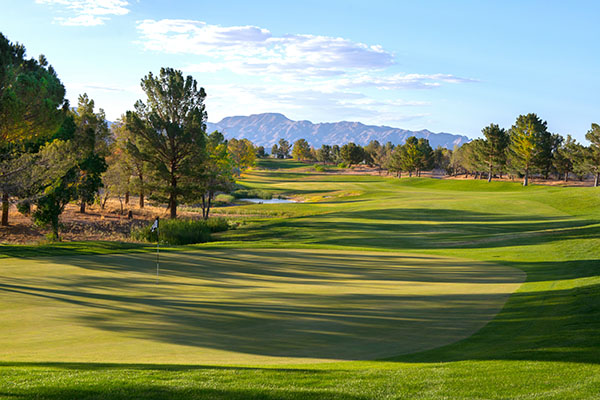 view of a green with the mountains in the background